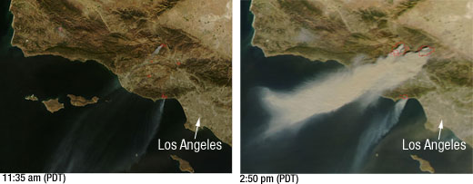 Side by side MODIS images showing smoke plumes from the Southern California wildfires. Side by side MODIS images showing smoke plumes from the Southern California wildfires.